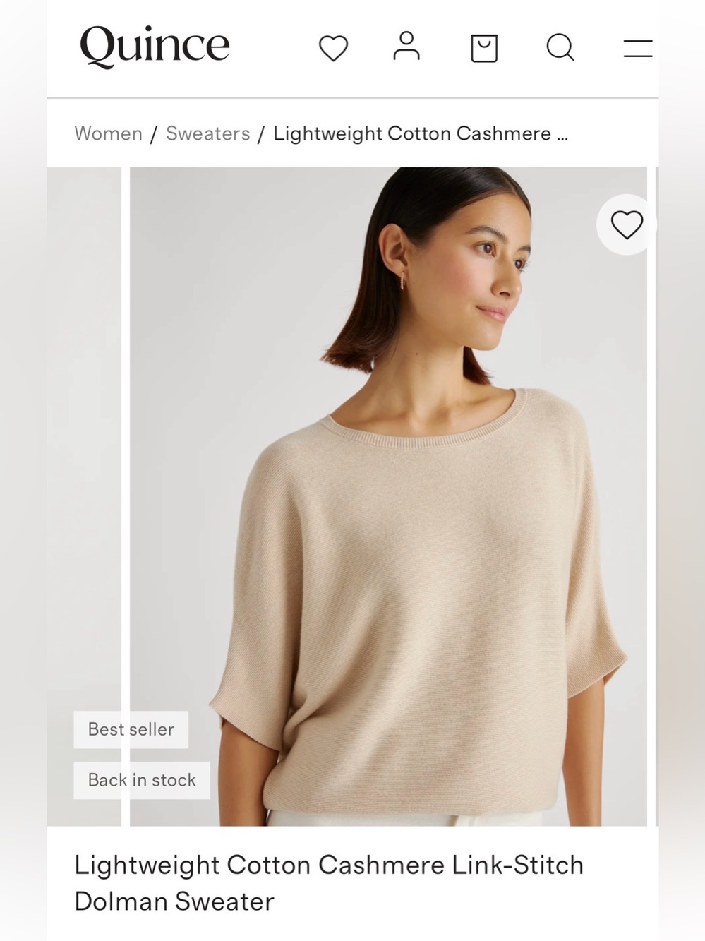 Quince Lightweight Cotton Cashmere Dolman Sweater Heather Oatmeal Size Small